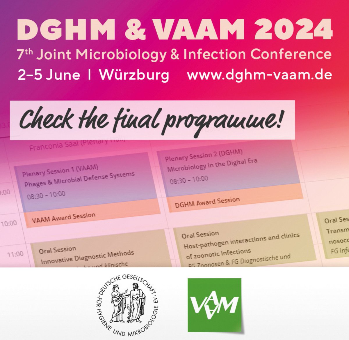 Are you coming to Würzburg for #DGHMVAAM2024? Take a look at the program and pick your personal highlights 🌟🦠🍄🧫🌟 🖱Plan your conference visit: t1p.de/zbfd4 #dghmvaam2024 #VAAM #DGHM #hygiene #mikrobiologie #microbiology #infectionmedicine #microbes