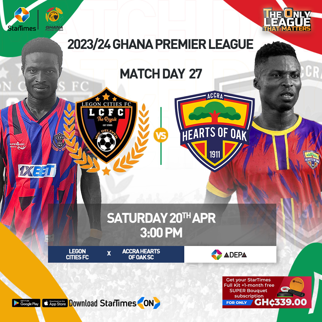 𝗚𝗣𝗟 𝗔𝗖𝗧𝗜𝗢𝗡 @LegonCitiesFC 🆚 @HeartsOfOakGH Showing live today at 3:00 pm ST Adepa Ch. 247 & StarTimes ON App 📲 bit.ly/464MxvT #GPL #StarTimes #Ghana #GPLonStarTimes #GPLwk25 #AHOSC #TheRoyals