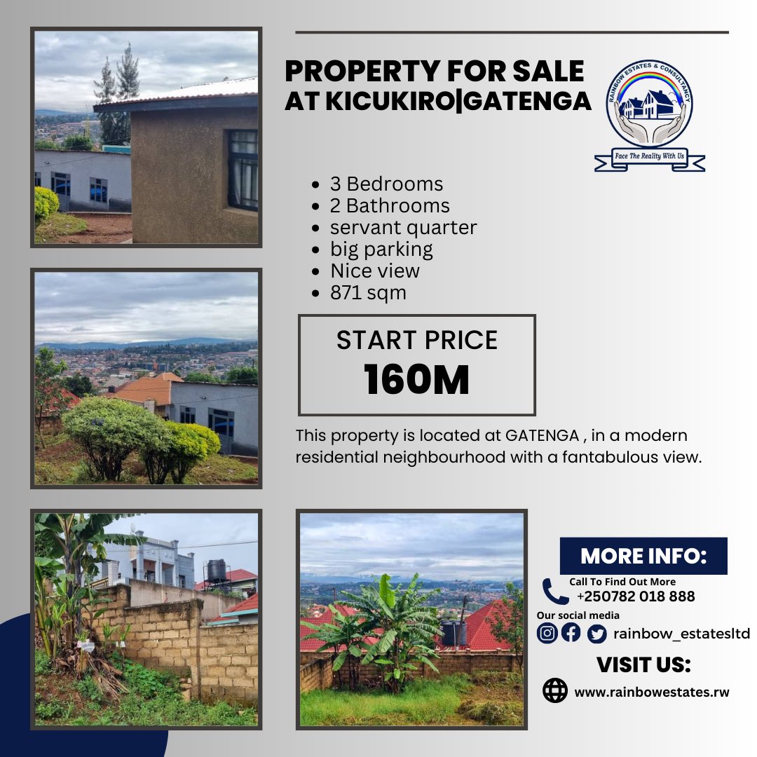 estates_ltd's tweet photo. PROPERTY FOR SALE AT KICUKIRO| GATENGA
PRICE: 160M Negotiable 
BEDROOMS:3
BATHROOMS:2
AREA SIZE: 871 SQM
PARKING
BIG COMPOUND
GARDEN
FOR MORE INFORMATION
CALL/WHATSAPP:(+250)782018888

FACE THE REALITY WITH US.#RwOT #rainbowestate #realestate #sale #property #kigali
#therealestat https://t.co/1Gp4cewCGV