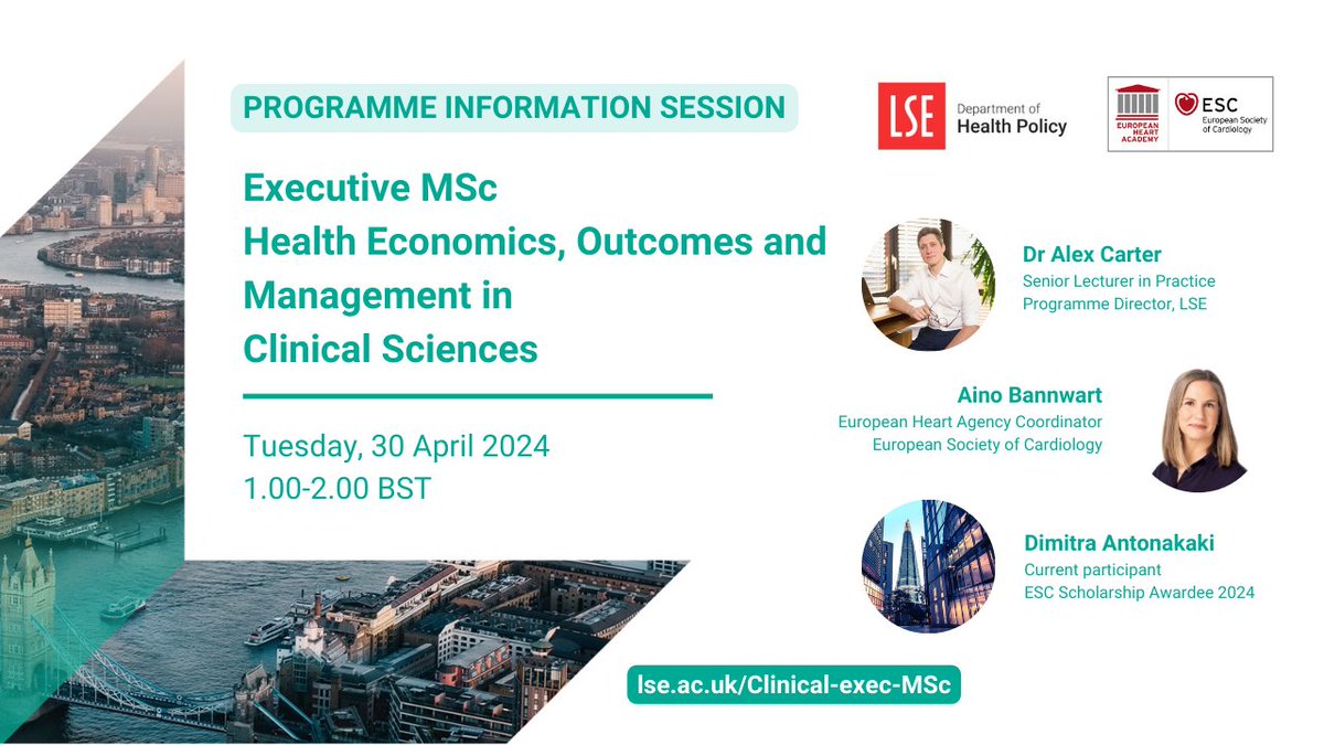 🤝Join our upcoming info session with experts from LSE & the European Society of Cardiology (ESC). 🎙️Discover how our Executive MSc is tailored around full-time work. Learn about application process & the ESC scholarship. 🔗 Register 👉 bit.ly/3vLW52T