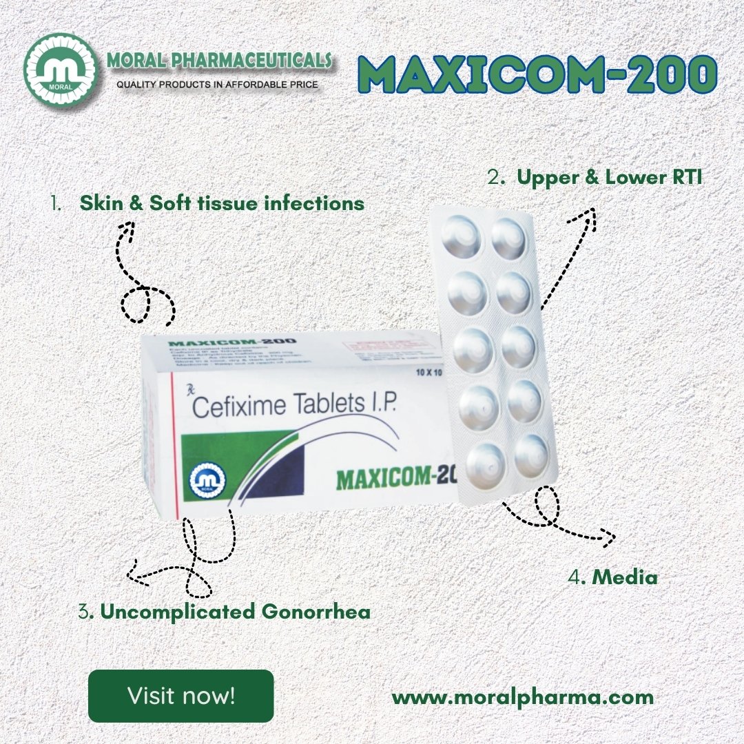 MAXICOM-200 (Tablets)
1. Upper & Lower RTI
2. Skin and soft tissue infections
3. Uncomplicated Gonorrhea
4. Media
Make sure to follow us:
Moral Pharmaceuticals
#moralpharma #skincare #skinhealth #skininfection #SkinIssues #skininfections #psoriasis #psoriasiswarrior