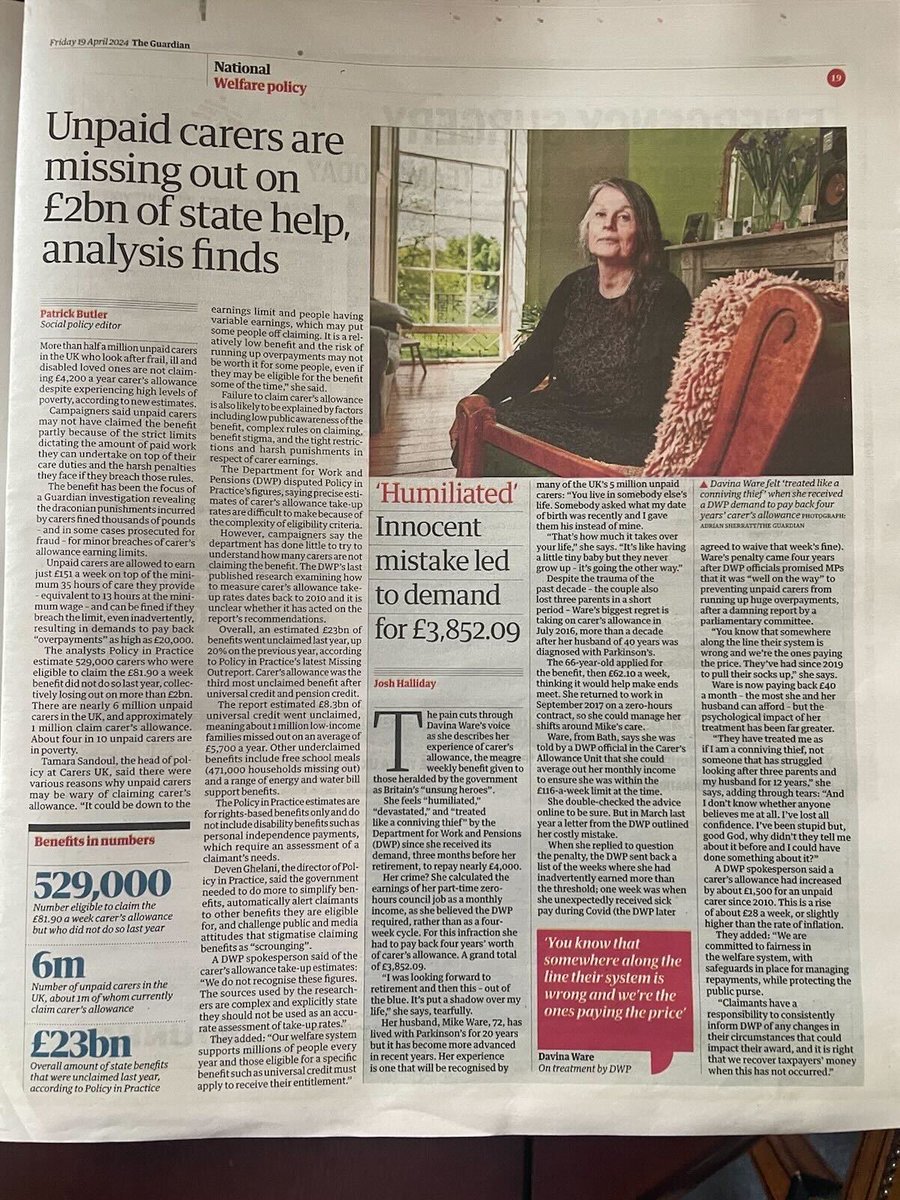 Thank you @patrickjbutler @mattjpearce_ for today's piece in the @guardian The story focuses on our estimates that half a million unpaid carers in the UK are not claiming £4,200 a year. Read the full story here: theguardian.com/society/2024/a…
