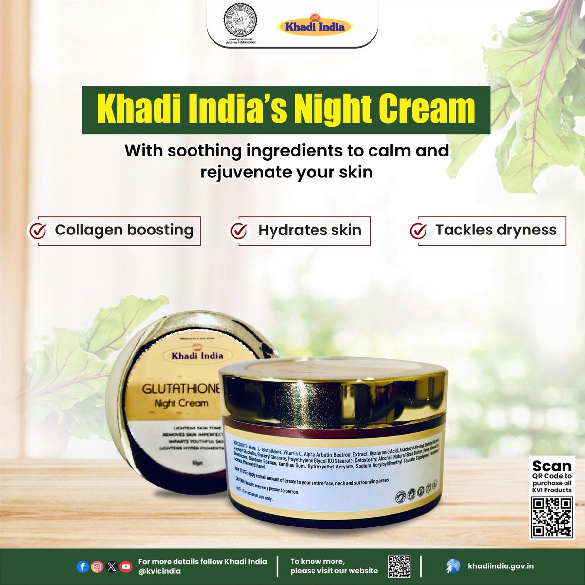This Khadi Glutathione high-performance night cream is enriched with glutathione, along with the purest and most effective nourishers, natural antioxidants, and actives including Beetroot Extract, Hyaluronic Acid, Glyceryl Stearate and many more. Visit your nearest #Khadi store