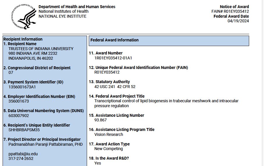 Great news for the lab. Received our 2nd R01 to study the control of de novo lipogenesis on ocular pressure regulation. Thanks to my grad student Ting <a href="/WTingWT/">Ting Wang</a> for the heavy lifting &amp; postdoc Avinash <a href="/AvinashSoundar1/">Avinash Soundararajan</a> for pushing the science in the lab. Thanks <a href="/NatEyeInstitute/">NEI</a>