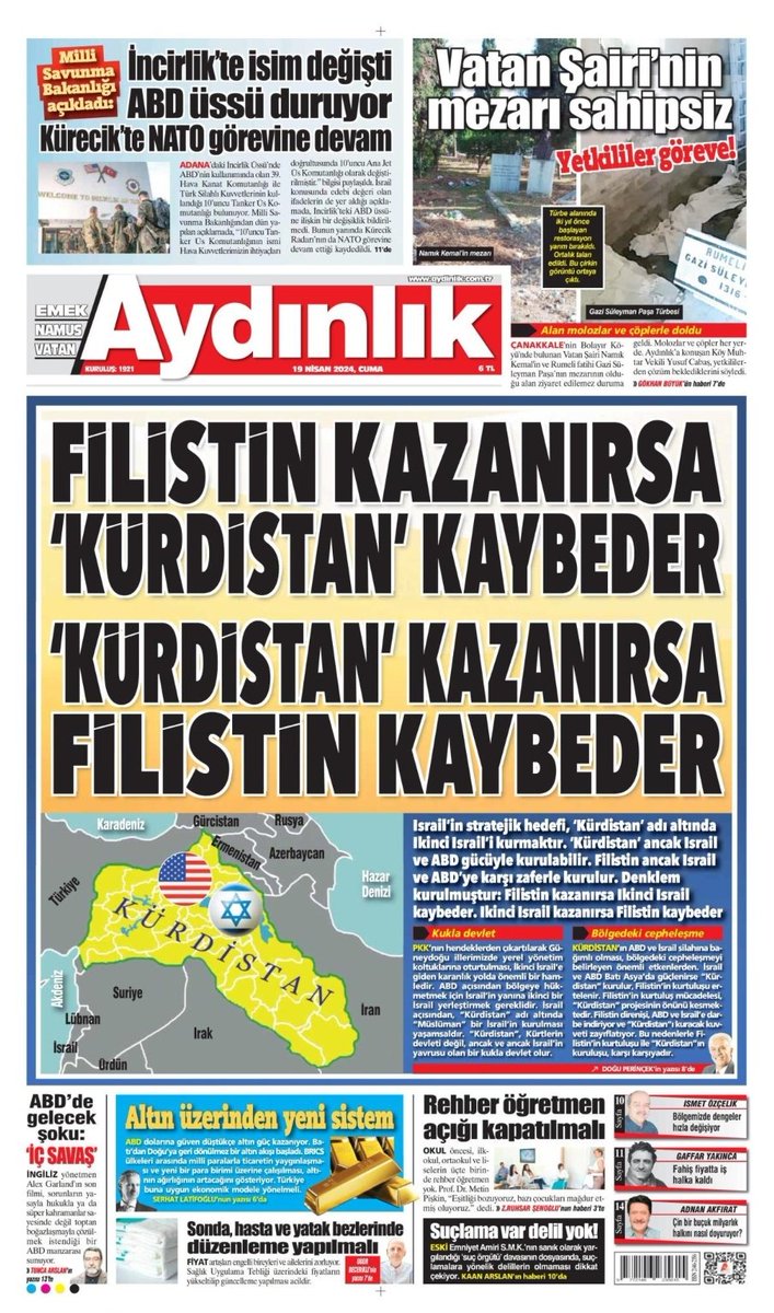 Ey Türkiye'yi İran'la karşı karşıya getirmek isteyenler! İsrail, sadece Gazze'de değil Türkiye'nin sınırında! Filistin kazanırsa ‘Kürdistan’ kaybeder ‘Kürdistan’ kazanırsa Filistin kaybeder! 👇 aydinlik.com.tr/koseyazisi/fil…