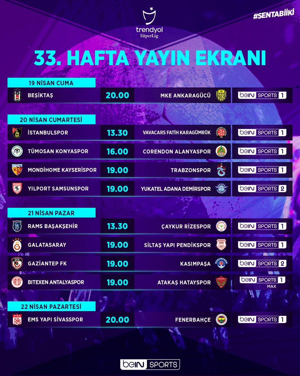 🇹🇷 #TrendyolSüperLig'de 33. hafta heyecanı başlıyor!

📺 Yayın ekranı. | #beINSPORTS