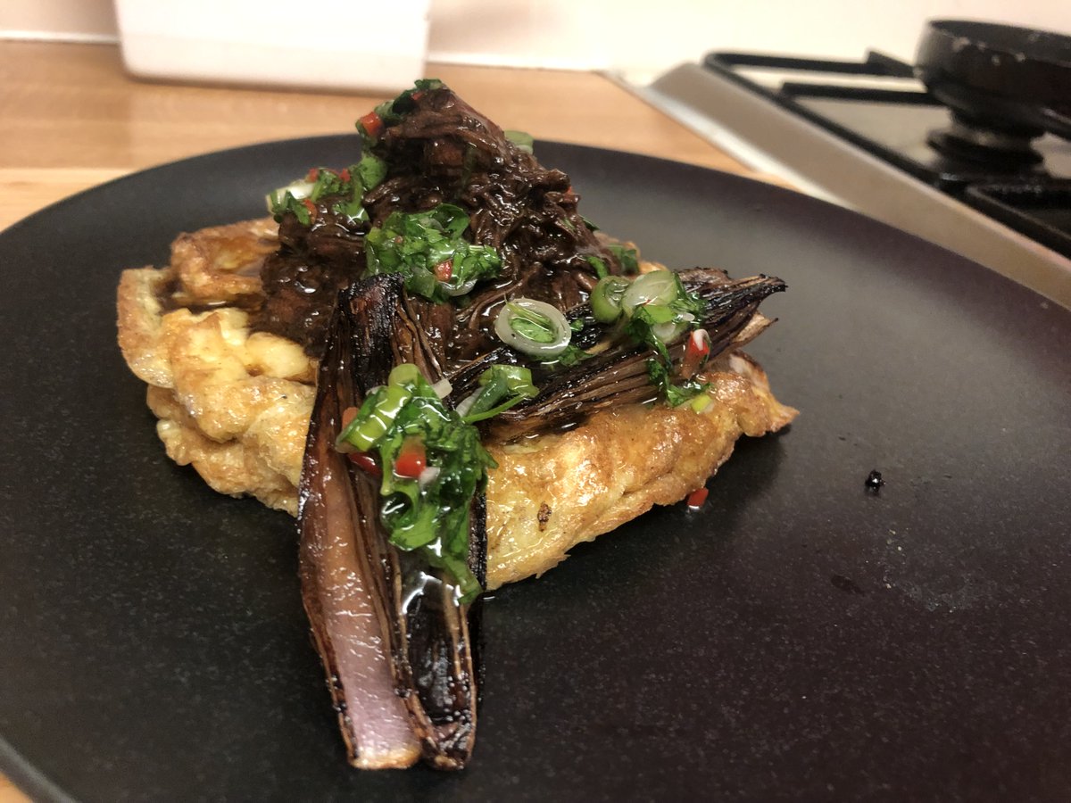 Karl_Morley_'s tweet photo. Finally my beef short rib is done (with bone marrow), Braised, portioned and then reduced some more served on a parmesan omelette which chimichurri (braised shallots). Oh and a ribeye on the side
#highprotien #Carnivore https://t.co/6DHGZTRyEz