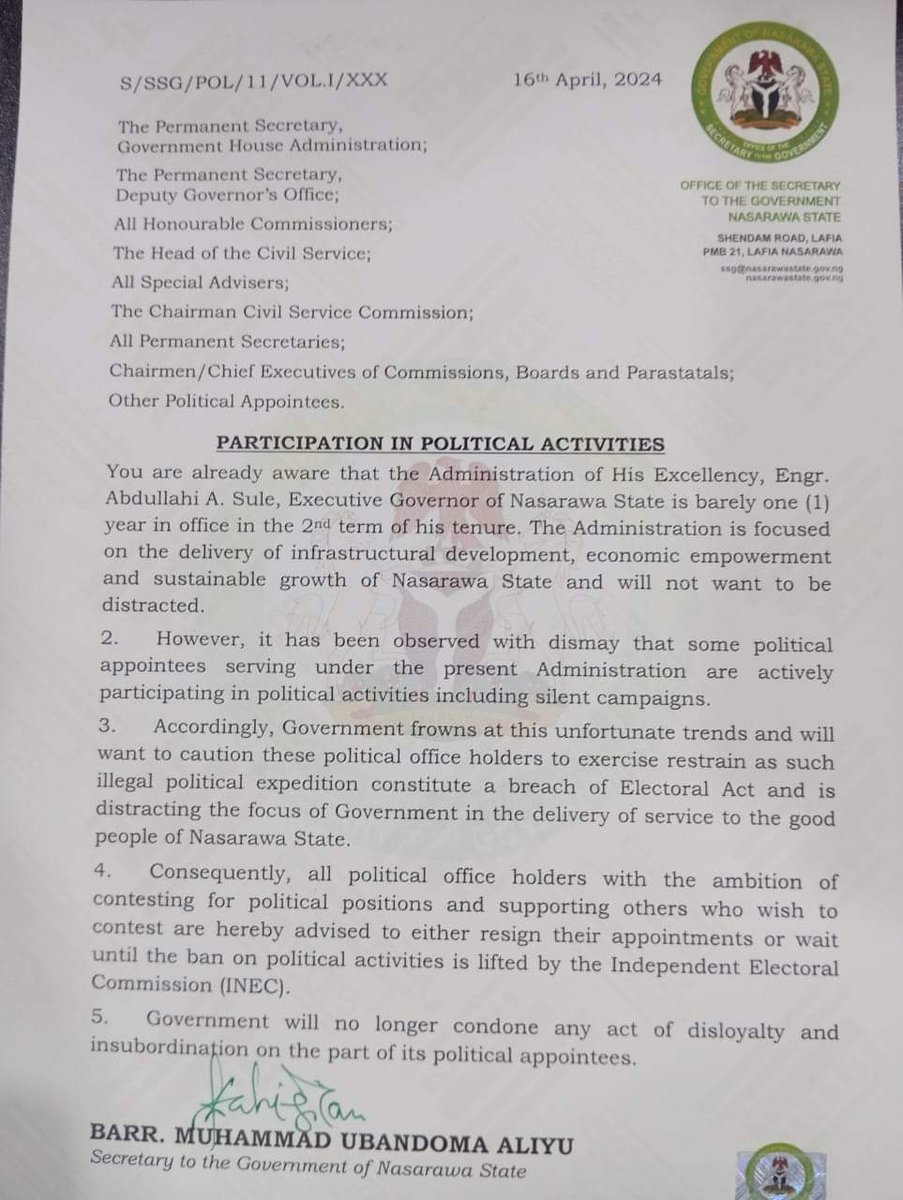 2027: Nasarawa Govt Warns Political Appointees Against Participating In Political Activities