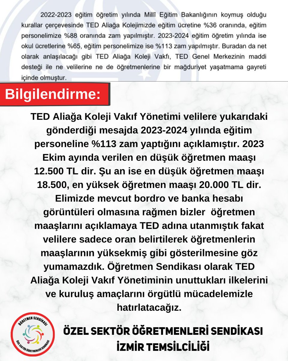 ogretmensendika's tweet photo. 📌 @TEDAliagaKoleji velilerine öğretmenlere 2023-2024 eğitim öğretim yılında %113 zam yaptığı bilgisini vermiştir.  Velilere sadece oran vererek öğretmen maaşlarının yüksekmiş gibi gösterilmesi ve yanıltması etik dışıdır. Öğretmenlerin şu an olan maaş aralığını @TEDAliagaKoleji Vakıf Yönetiminin yanıltıcı mesajını netleştirmek adına paylaşıyoruz. 

@PetkimOfficial
@TEDAliagaKoleji
@spehlivanoglu
@denizkomsuoglu
@KaanSekbann
@nowhaber
@nowturkiye
@ShowTV
@showanahaber
@KanalD
@halktvcomtr
@Vatan
@skaraismailoglu
@baharerisontwit
@35aliaga_MEM
@izmir_ilmem
