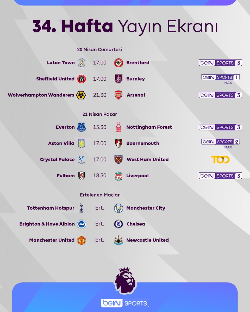 🏴󠁧󠁢󠁥󠁮󠁧󠁿 Premier League'de 34. hafta heyecanı doludizgin! #PL

📺 Yayın ekranı. | #beINSPORTS