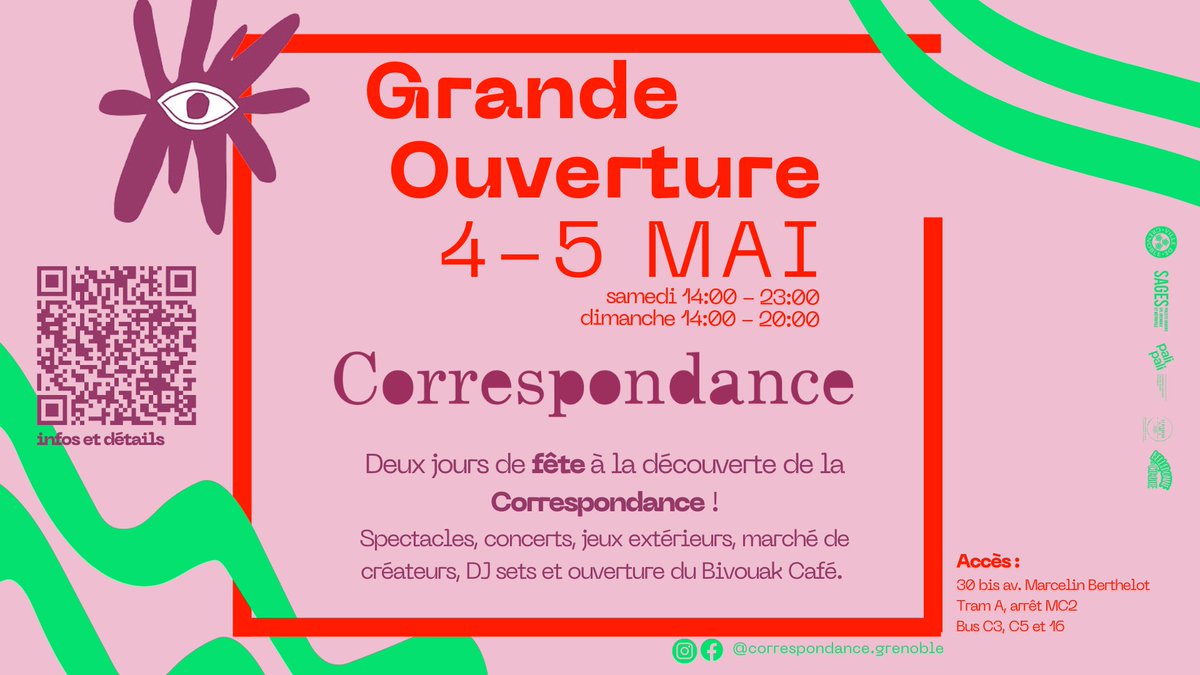 🤩 La Grande Ouverture de la Correspondance c’est le 4 et 5 mai ! 🔗 Le programme détaillé : gremag.fr/agenda/1992/12… 📍 La Correspondance - 30 bis Avenue Marcelin Berthelot, 38100 Grenoble