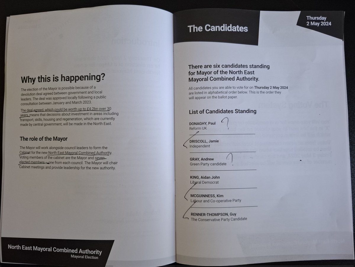 I wonder why two candidates details are missing from the North East Mayoral election booklet that I've received? @STyne_Council 
Where do I find their agenda and details?
#northeast #southtyneside #northeastmayoralelection