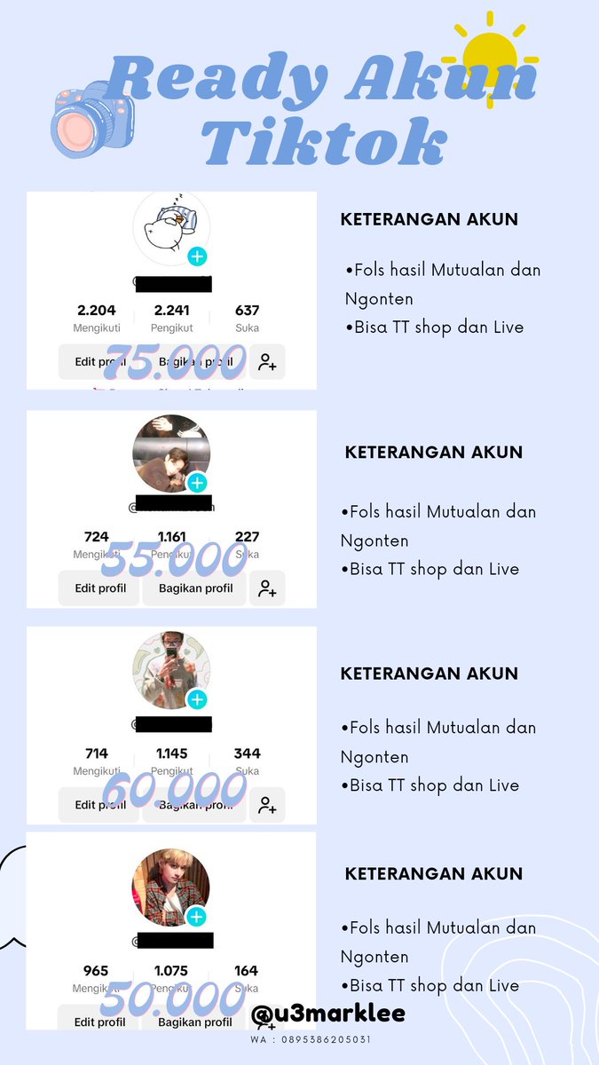 Jual Akun Tiktok 🌷
• akun pribadi 
• bisa untuk bisnis , affiliate , pribadi 
t. wts acc ig akun instagram jual beli murah recehan jual beli wtb wts acc ig akun ig Instagram ba pribadi dump small bussines study rp banyak mau cari upfoll tiktok kosongan #zonauangᅠᅠ