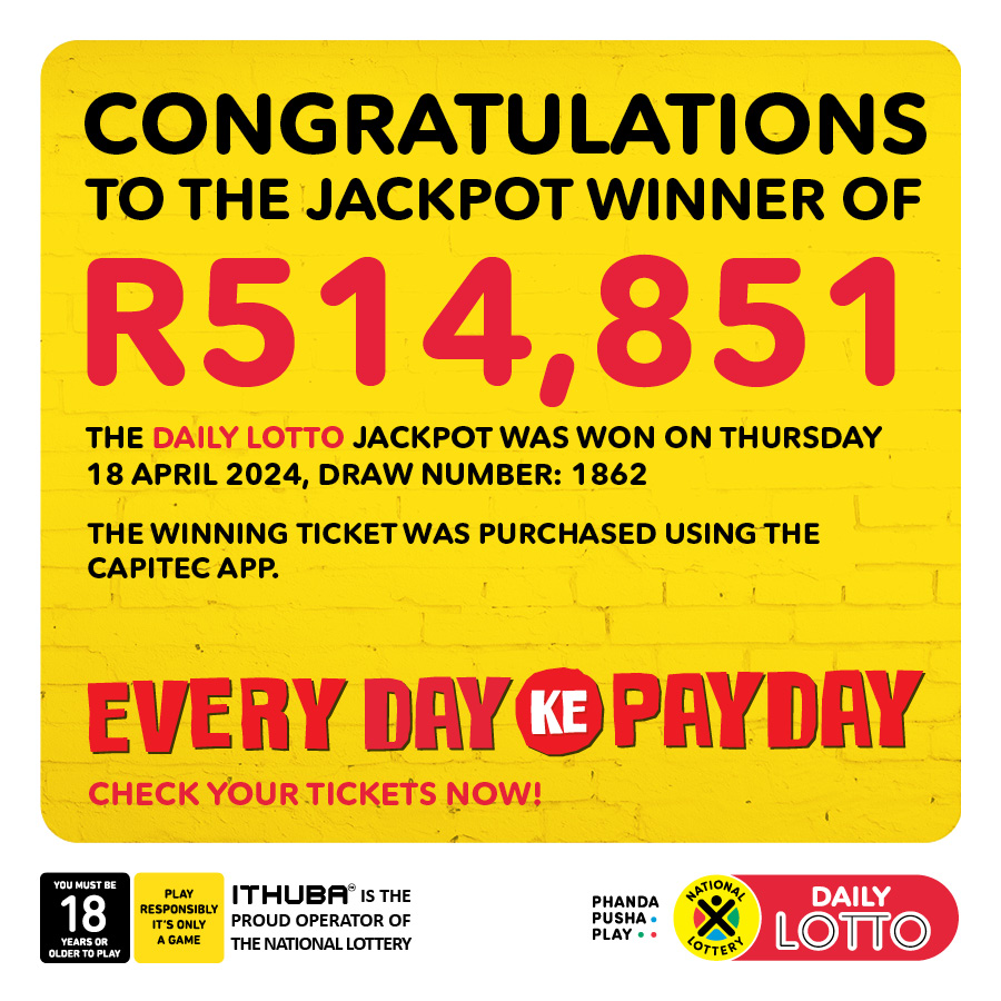 CONGRATULATIONS to the LUCKY #DAILYLOTTO jackpot winner who WON R514,851.30 from the 18/04/24 draw. PLAY #DAILYLOTTO for an estimated R580,000 jackpot TODAY & you could WIN BIG!! Buy your tickets NOW!!!