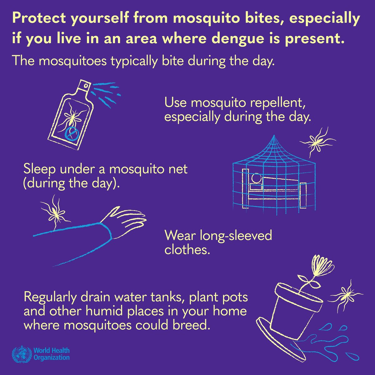 Infected #dengue mosquitoes are active during the day ☀️

You can lower the risk by using:
✅ mosquito repellents
✅ long-sleeved clothes
✅ mosquito nets when sleeping during the day
✅ window screens

Remember to often drain, wash & scrub water storage containers.