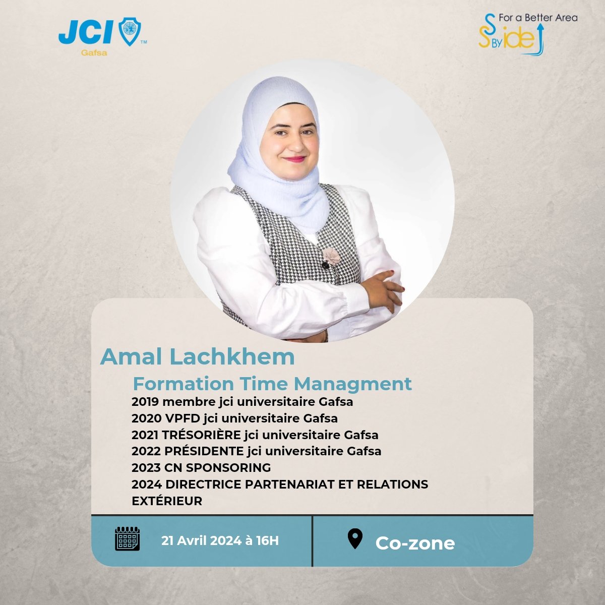 JCI_GAFSA's tweet photo. 📍Nous sommes honorés de vous présenter notre formation intitulée "Time Management".🚀✨
La session aura lieu ce dimanche le 21 avril 2024 à 16h🕓  au Co-Zone  workspace, avec notre estimée formatrice Amal LACHKHEM. 🥰💙
RESTEZ Á L'ÉCOUTE !!NE MANQUEZ PAS CETTE OPPORTUNITÉ 🗓🤩 https://t.co/w41oVnleOF