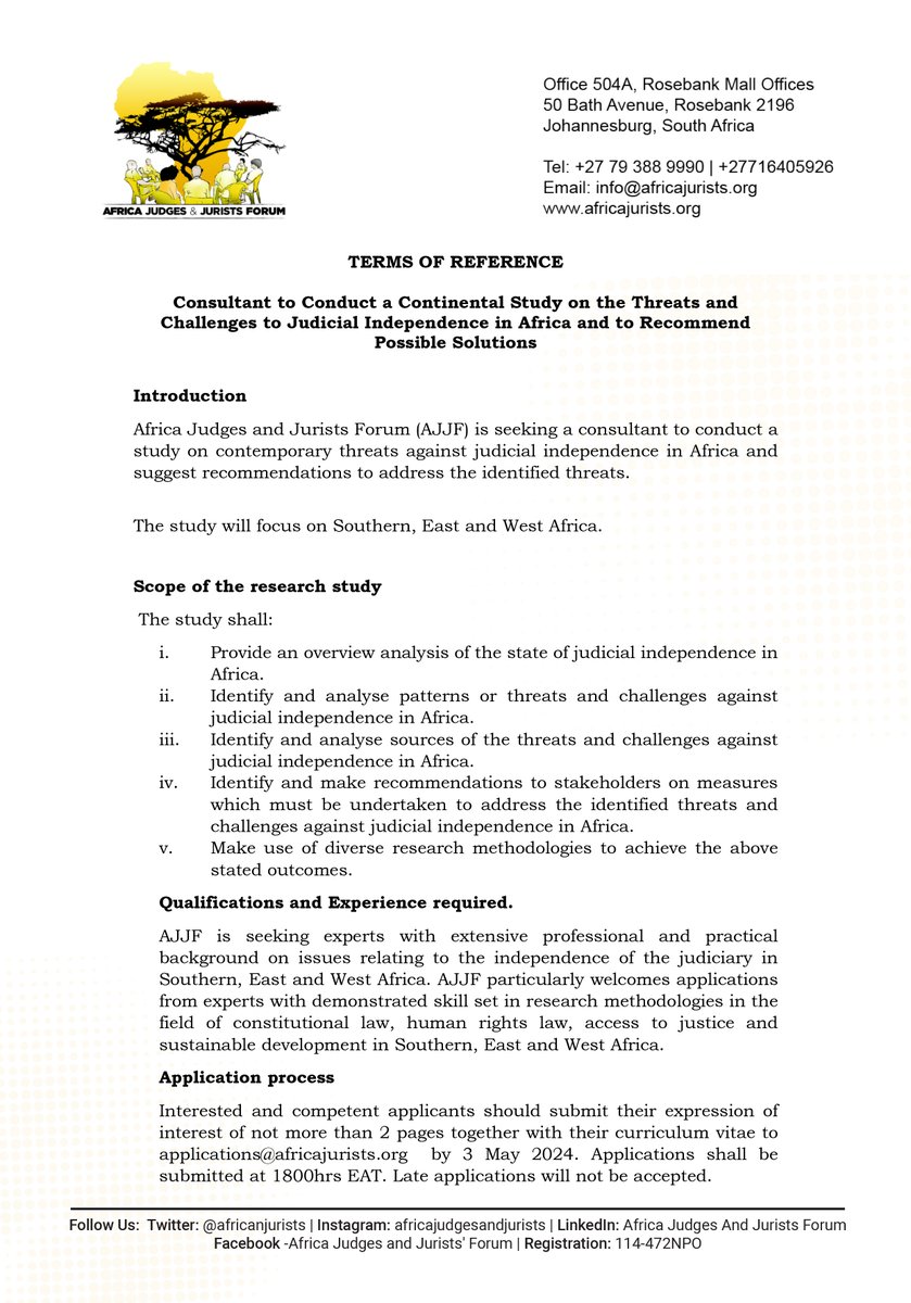 We are hiring! Africa Judges and Jurists Forum seeks a highly qualified Consultant to conduct a continental study on the contemporary threats and challenges to Judicial Independence in Africa. Follow the link to apply:africajurists.org/we-are-hiring/