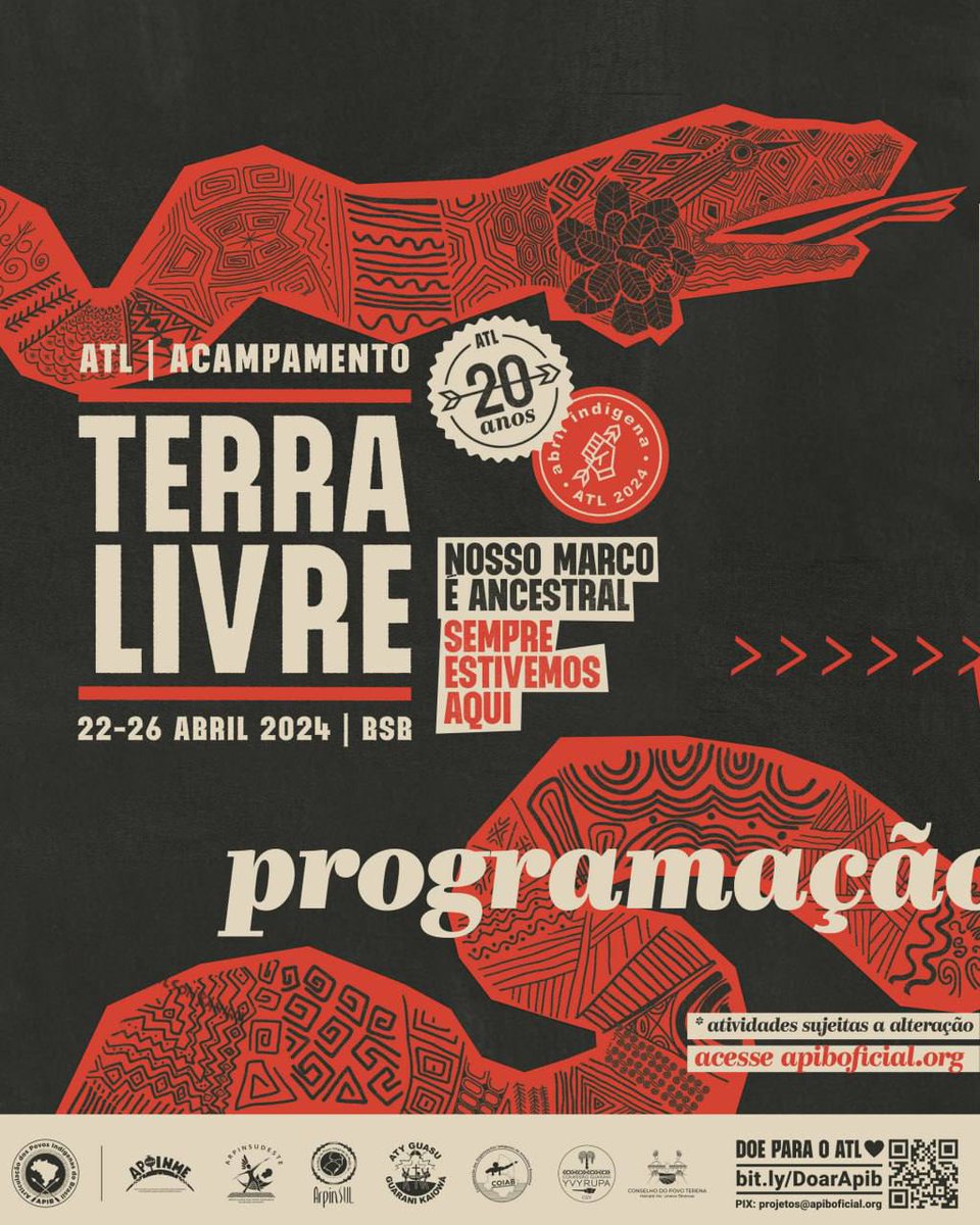 🏹 Acampamento Terra Livre
Encontro Indígena faz 20 anos
📆 22 a 26 de abril de 2024
📍 Brasília-DF 
📲 Doe #ATL2024: bit.ly/DoarApib
#DemarcaçãoÉDemocracia
@ApibOficial @CoiabAmazonia @beatrizdiniz @MarinesWitzke @itocovoty
@celiaxakriaba @julianapt 
#MarcoTemporalNão