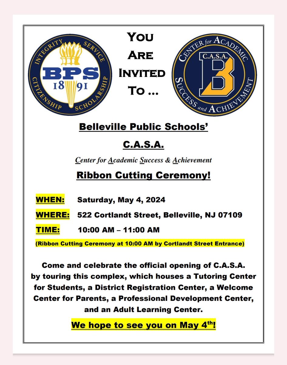 It's ANOTHER ribbon cutting ceremony for @belleville_ps. Celebrate the opening of the Center for Academic Success and Achievement (CASA) on 5/4 at 10 am...Tutoring Facility, ELL Welcome Center, Prof Development Areas, and the home of our Parent University. The HOUSE is open!