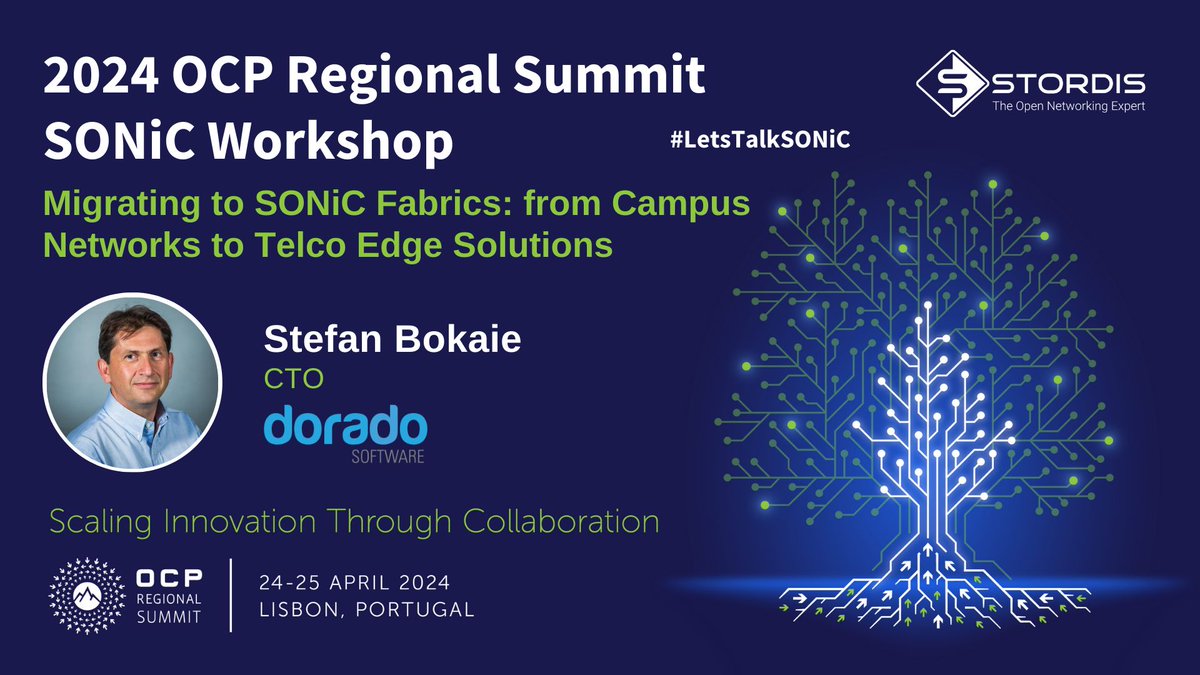 Come join us at #OCPLisbon! At the #SONiCWorkshop, @sbokaie, the CTO of @doradosoftware, will talk about 'Migrating to SONiC Fabrics: from Campus Networks to Telco Edge Solutions.' 📅 A18 – April 24th – 25th #LetsTalkSONiC #OCP2024 #OpenNetworking #SONiC @OpenComputePrj