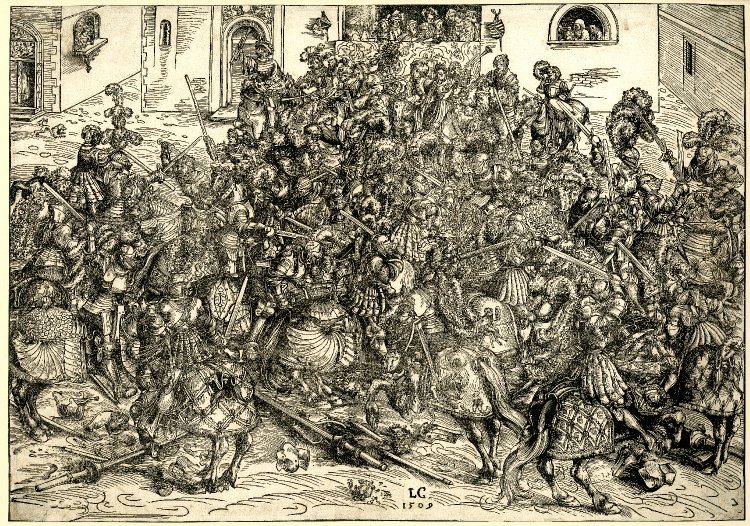 An incredibly detailed woodcut by Lucas Cranach the Elder (c1472-1553) from 1509 showing knights fighting in a tournament as well as the spectators and some musicians. #lucascranachtheelder #lucascranach #woodcuts #woodcut #prints #print