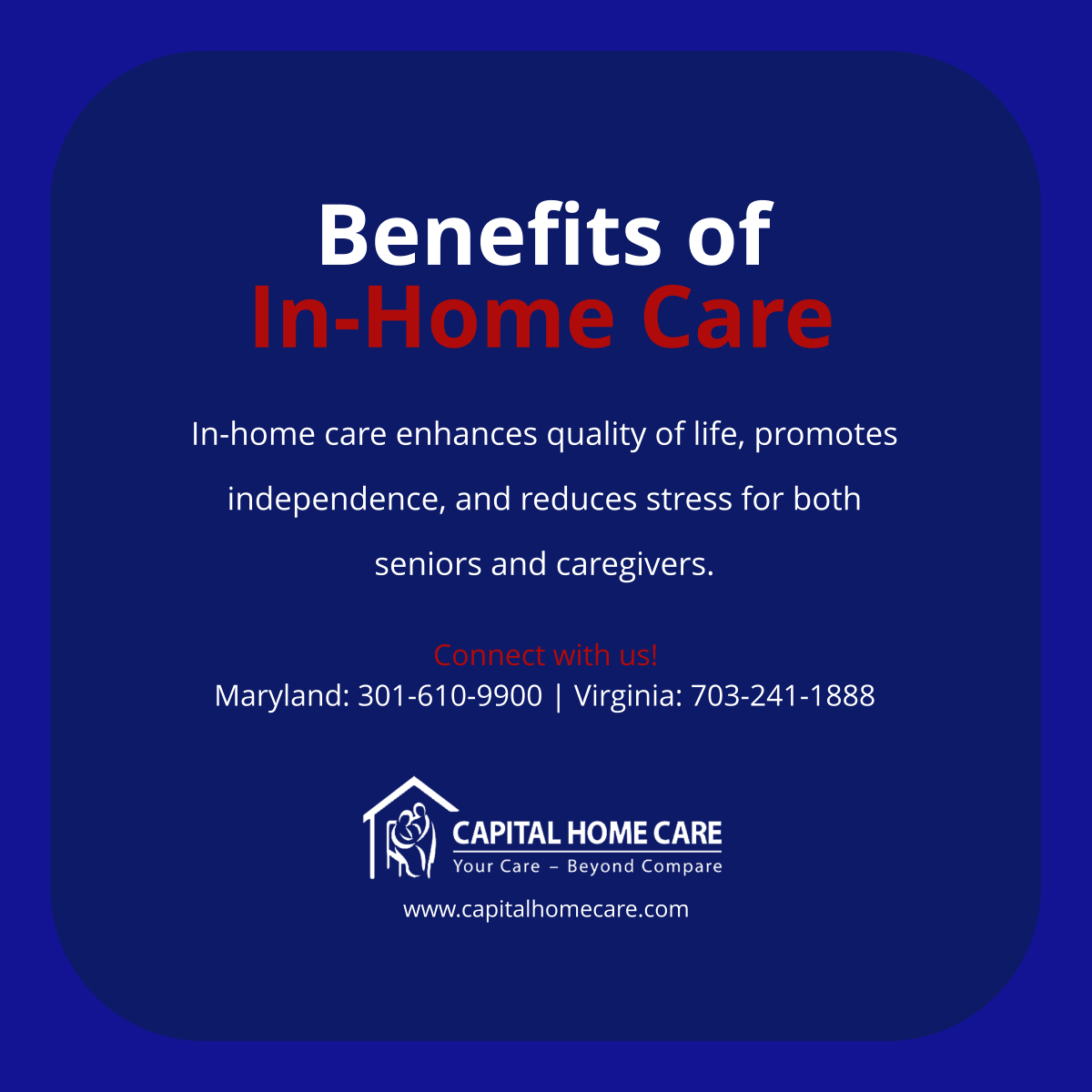 Did you know in-home care offers numerous benefits for seniors and caregivers alike? Learn more about how it can help. 

#RockvilleMD #HomeCare #SeniorWellness