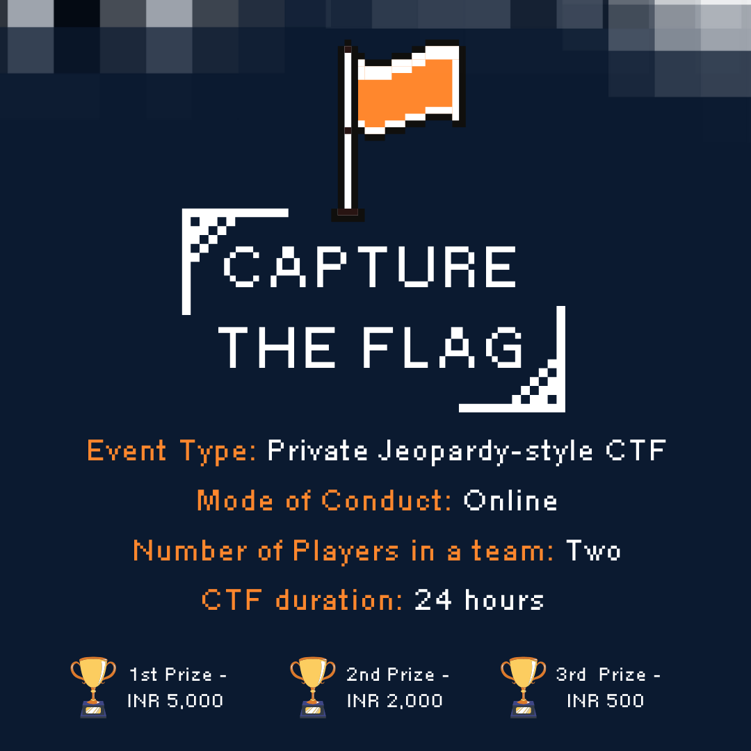 townscript.com/e/-capture-the…

Prize Money : 1st Prize - INR 5,000, 2nd Prize – INR 2,000 and 3rd Prize - INR 500.

#CTFEvent #CybersecurityCompetition #JeopardyStyleCTF #WinBig #CyberSkills #InfoSecLearning #OnlineCTF #TeamChallenge #RedFoxCTF #CybersecurityPrizes #CyberWarriors