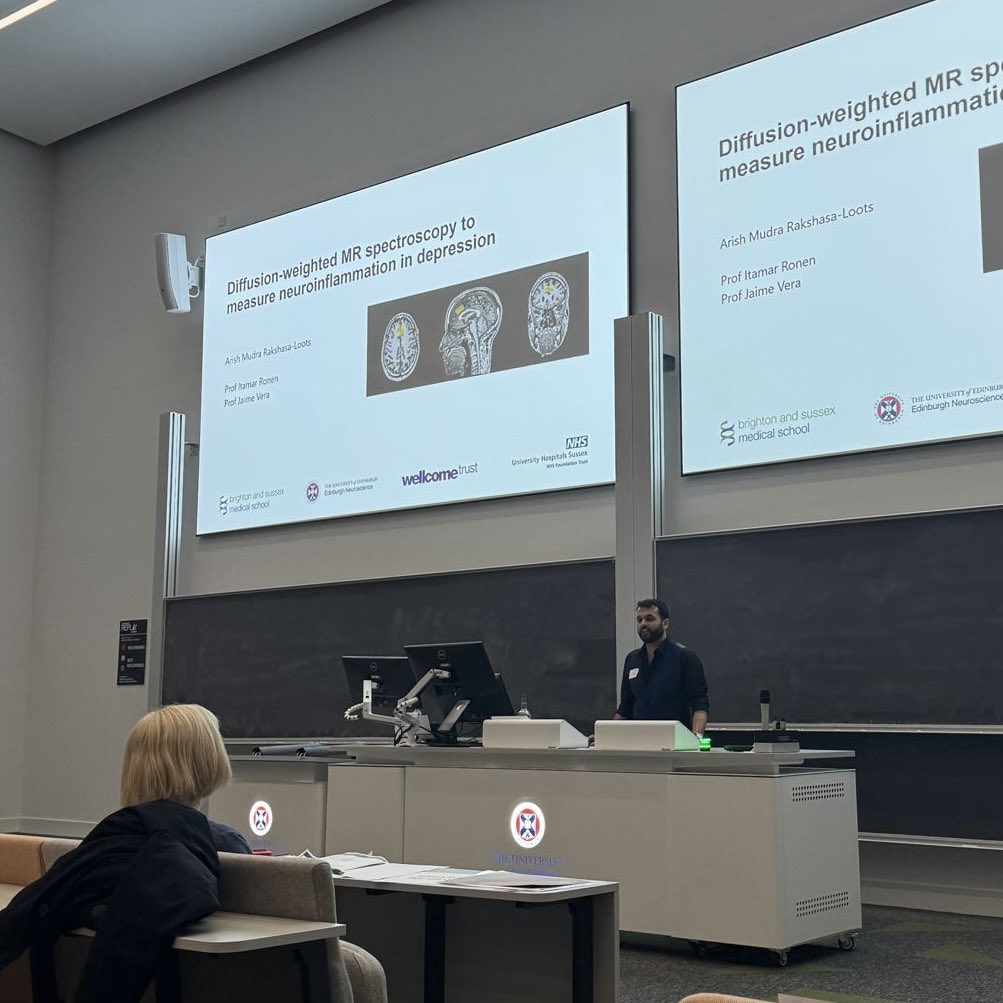 What a productive #EdNeuroDay 2024! In the “Emerging Stories” session, I shared some of our pilot work @BSMSMedSchool with diffusion-weighted MRS, which seems a promising modality to investigate neuroinflammation in psychiatric disorders. Always fun to chat with a large audience!