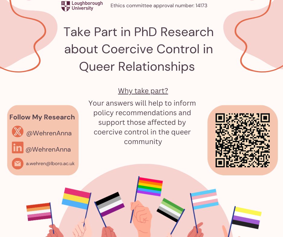 PhD researcher Anna Wehren ( @WehrenAnna is seeking views and experiences of coercive control in LGBTQIA+ relationships. If you have any insight on experience to share, consider filling in her survey! app.onlinesurveys.jisc.ac.uk/s/lboro/origin…