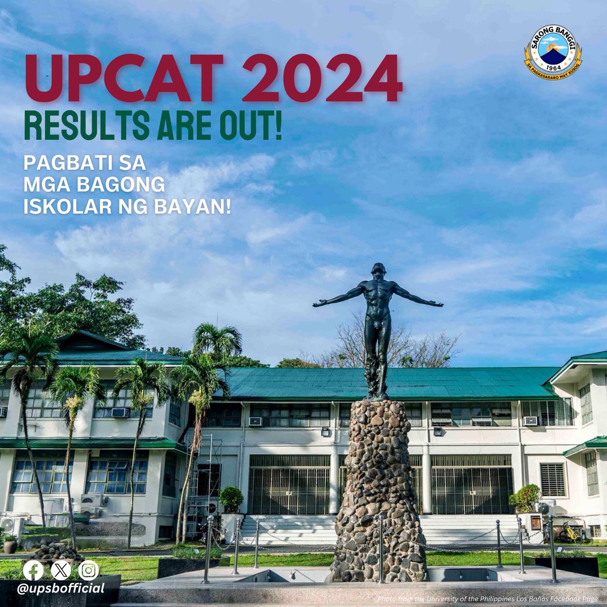 upsbofficial's tweet photo. 𝗨𝗣𝗖𝗔𝗧 𝟐𝟎𝟐𝟒 𝗥𝗘𝗦𝗨𝗟𝗧𝗦 𝗔𝗥𝗘 𝗢𝗨𝗧! 

Takers may now access the results at https://t.co/EuCcJJbVMy.

𝗣𝗮𝗴𝗯𝗮𝘁𝗶 𝘀𝗮 𝗺𝗴𝗮 𝗯𝗮𝗴𝗼𝗻𝗴 𝗶𝘀𝗸𝗼𝗹𝗮𝗿 𝗻𝗴 𝗯𝗮𝘆𝗮𝗻! ❤️💚  

#𝐔𝐏𝐂𝐀𝐓𝟐𝟎𝟐𝟒 https://t.co/O2FjNxJ7ic