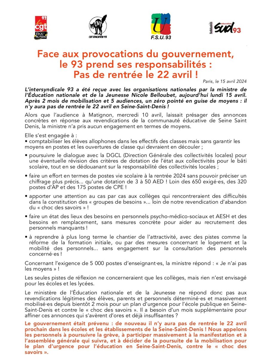 Toutes et tous en grève le lundi 22 avril ! 💪🏾🙏🏾
#plandurgence93
#retraitduchocdesavoirs