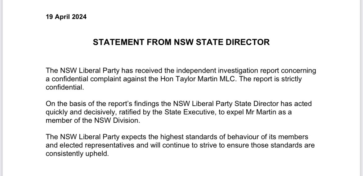 Friday night statement from the NSW Liberals announcing upper house member Taylor Martin has been expelled from the party following an investigation into text messages he sent to fellow Liberal Lucy Wicks
