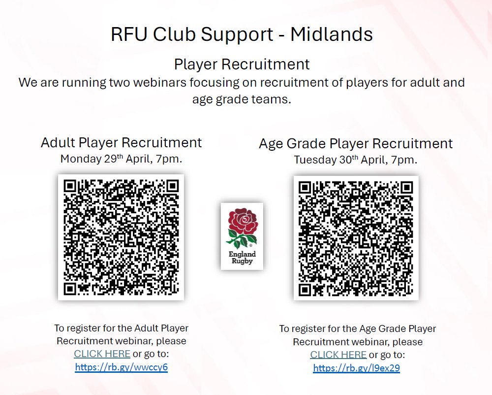🚨PLAYER RECRUITMENT WEBINARS🚨

✅ Adult &amp; Age Grade sessions 👀 at:

🏉On Field offer
🏉Off field offer
🏉Support &amp; resources to help you recruit

Mon 29 Apr (Adult) - rb.gy/wwccy6
Tue 30 Apr (AGR) - rb.gy/l9ex29
Both 7 - 8:15pm

#PlayTogetherStayTogether