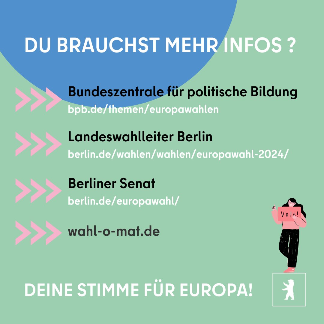 Europawahl 2024!⭐ Am 9. Juni entscheidet ihr, wer künftig im Europäischen Parlament sitzt. Warum eure Stimme zählt? Vieles, was in den Berliner Bezirken passiert, wird zunächst in der EU entschieden. Mehr Infos bekommt ihr hier ➡️ berlin.de/europawahl/