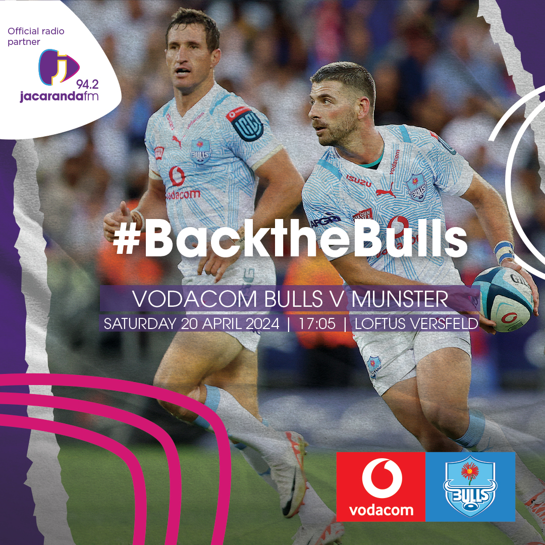 jacarandafm's tweet photo. Join us in cheering on the Vodacom Bulls as they face Munster Rugby in a pivotal match in the United Rugby Championship Round of 14. With a top two finish in sight, every play matters.
Go Bulls!
#BullsCharge #BacktheBulls #URC https://t.co/laPdHHgmvA