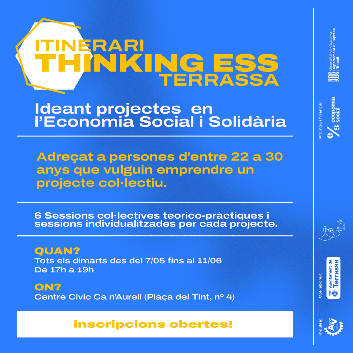 🟠THINKING ESS: un itinerari formatiu per idear un projecte en el marc de l'economia solidària.
💡Persones de 22 a 30 anys que vulguin emprendre
🗓️Del 7/5 al 11/6; dimarts 17-19h
📍CC Ca n'Aurell
✅Inscriu-te: serveis.ateneucooperatiuvalles.org/program/thinki…
⚙️<a href="/AteneuCoopVOcc/">Ateneu Cooperatiu Vallès Occidental | ACVOCC</a> / <a href="/OFVolant/">Ocell De Foc Volant</a> / Servei EESS