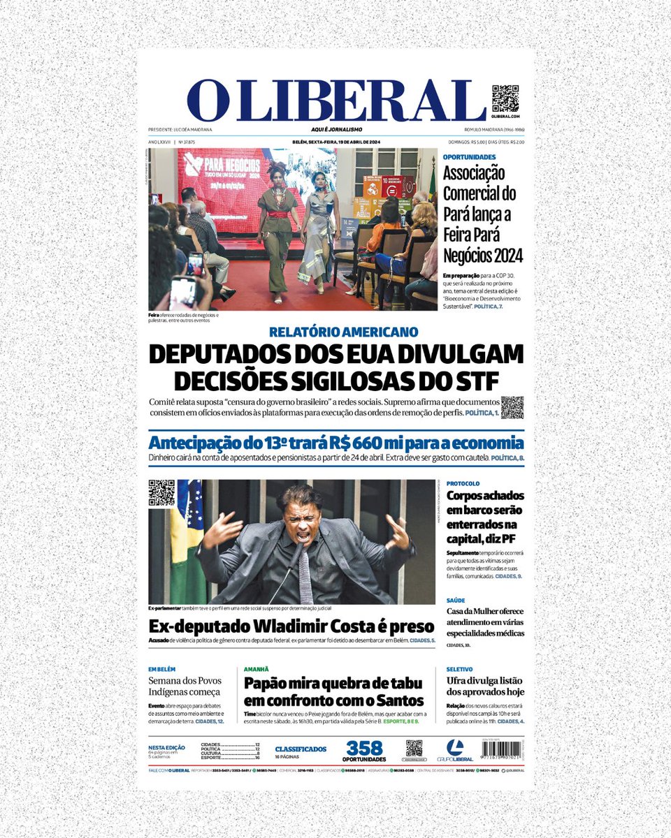 oliberal's tweet photo. 🗞️ Olá, seguidor!
Esta é a capa do Jornal O Liberal desta sexta (19).
Acesse em https://t.co/DT9Gj38UoH
#oliberal #grupoliberal https://t.co/0c4dxYI7K3