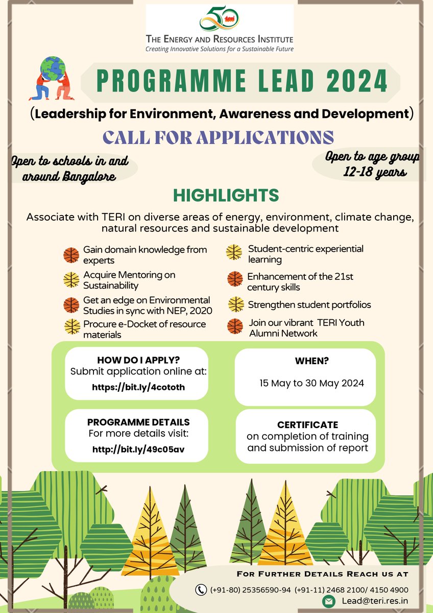 📢Last date to apply-20th April ! 

This programme is designed for school students to gain knowledge, enhance their skillsets and strengthen their competencies on issues related to #Environment and #SustainableDevelopment.   

Register👉bit.ly/3J1S9xM