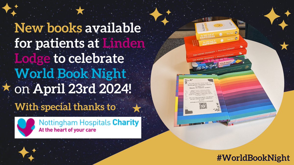 New books are available for patients @LodgeLinden at City Hospital to celebrate #WorldBookNight2024. Thank you to @NUHCharity for funding this!

Patients & NUH staff can also access free ebooks & audiobooks from @NottmLibraries via bit.ly/3W0JR0Y. 📖 #roadtoreading