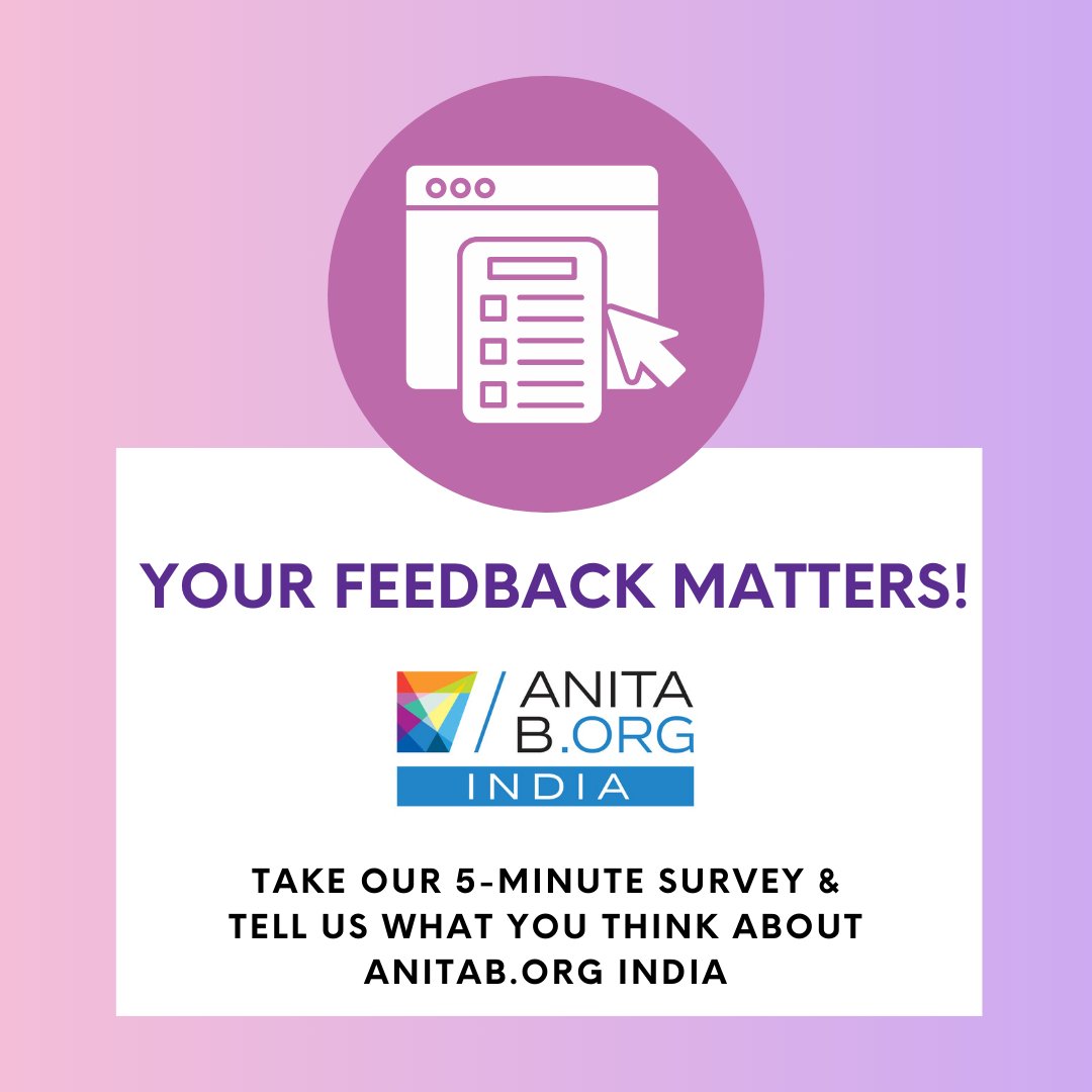 Your feedback matters and can help shape our efforts at AnitaB.org India to serve you better! 💬 Take our 5-minute Brand Pulse Survey and tell us what you love (or don't) about us! Click the link to get started: bit.ly/3Qbgvcp #InclusiveTech
