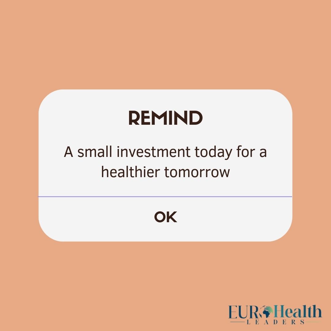 Reminder: A small investment today for a healthier tomorrow

#HealthIsWealth #InvestInYourself #WellnessJourney #SelfCare #HealthyHabits #FutureFocused #PrioritizeHealth #InvestInYourFuture #EuroHealthLeaders
