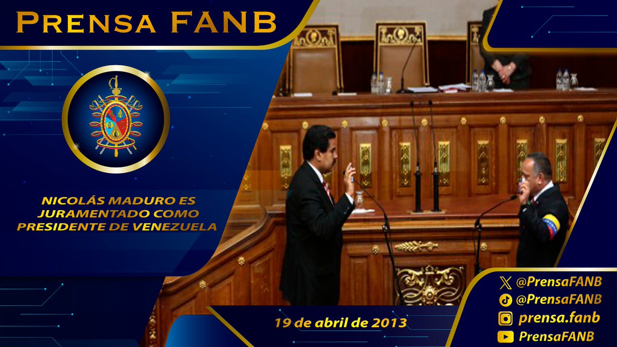 🗓 #19Abr || Hace 11 años, nuestro CJ de la FANB Nicolás Maduro se juramentó como Presidente de la República el 19 de abril de 2013. Esto marcó la continuación del legado del gran Comandante Hugo Chávez Frías y de la Revolución Bolivariana, que instauró la democracia