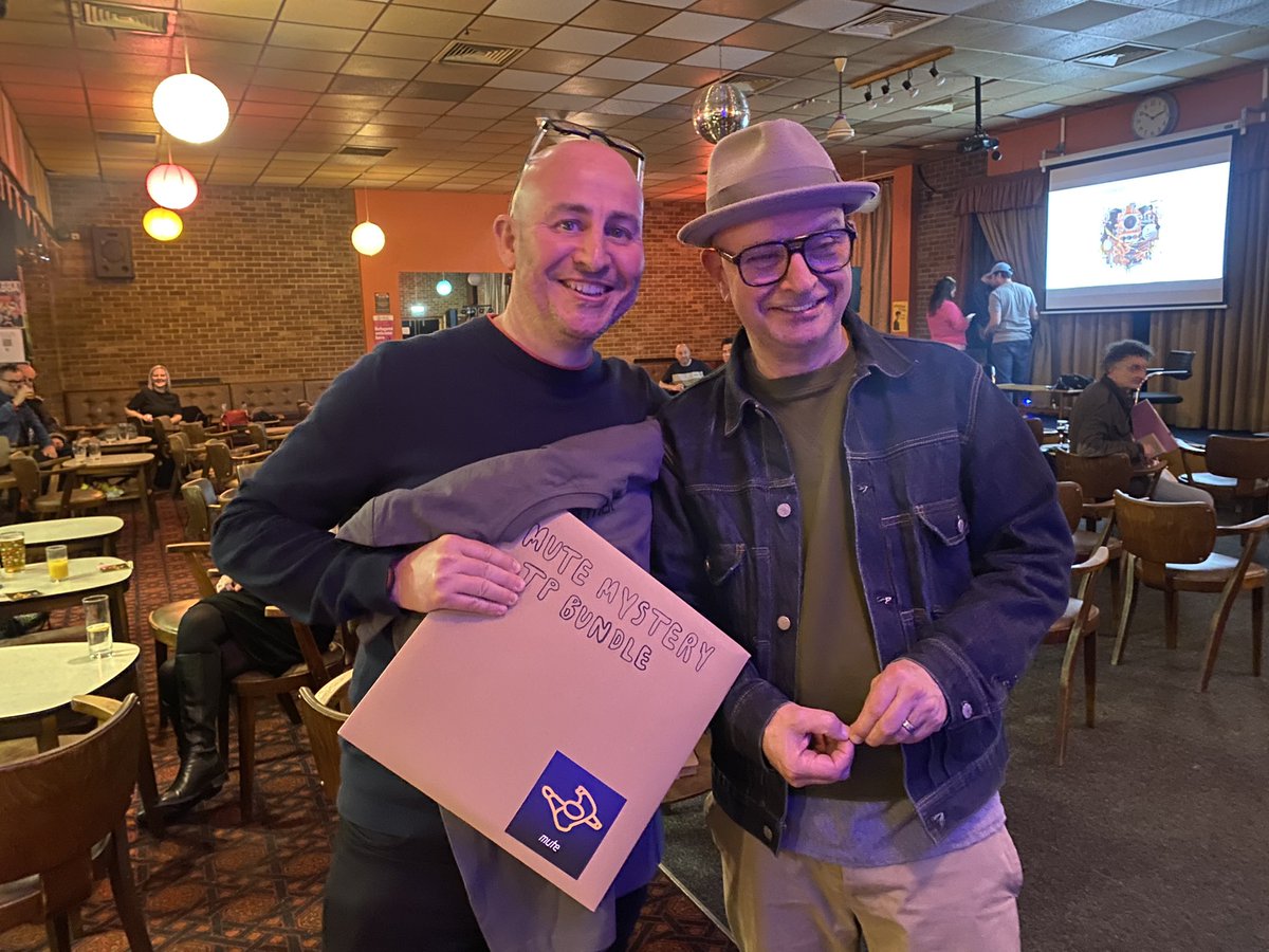 Big thanks to our pals at @MuteUK who provided goody bag items: test pressings and t-shirts that we raffled at our @Mr_Dave_Haslam @martinmoscrop event last night. We’ll be sending £155 to Walthamstow’s @EatOrHeat foodbank. Thanks to everyone who took part.