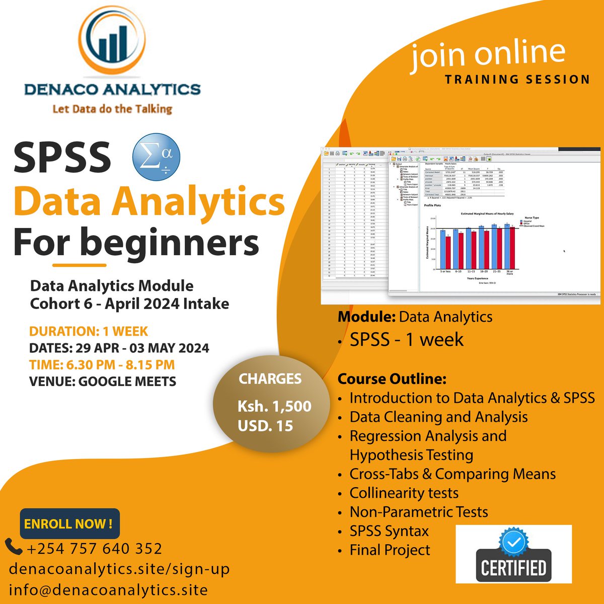 DenacoAnalytics's tweet photo. 🚀 Elevate your Data Analytics skills with our SPSS Training starting April 29th, 2024! 

Master SPSS tools, statistics, and regression analysis. 

Limited seats! 
Sign up now: https://t.co/X7Lb7nVVkZ 📊🔗 

#DataAnalytics #SPSS #Training https://t.co/G2bzfBQgsr