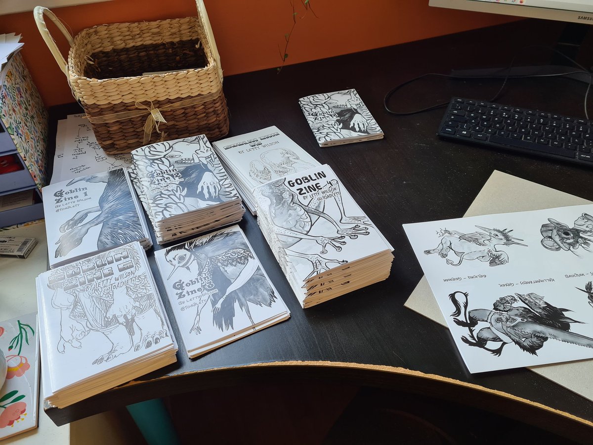 Getting some last minute bits together for carlisle zine fest ! I'll have all 6 of my goblin zines in print form, each a collection of goblins with a secret poster inside!