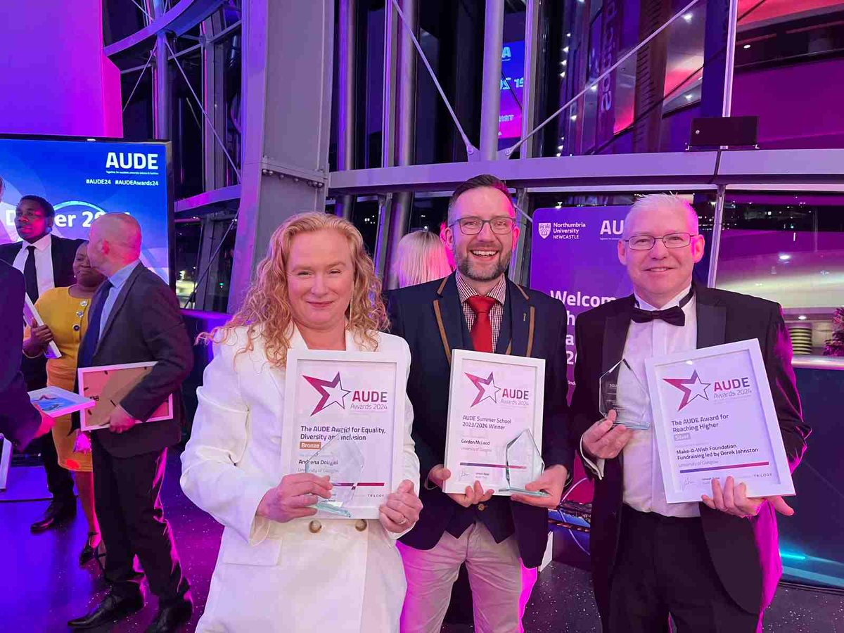 We are so proud of our @UofGlasgow Estates colleagues success at the @AUDE_news Awards! Andrena won bronze for her Equality, Diversity & Inclusion work, Gordon took home the AUDE Summer School Award, and @djqama won silver in 'Reaching Higher' for his @MakeAWishUK fundraising💙