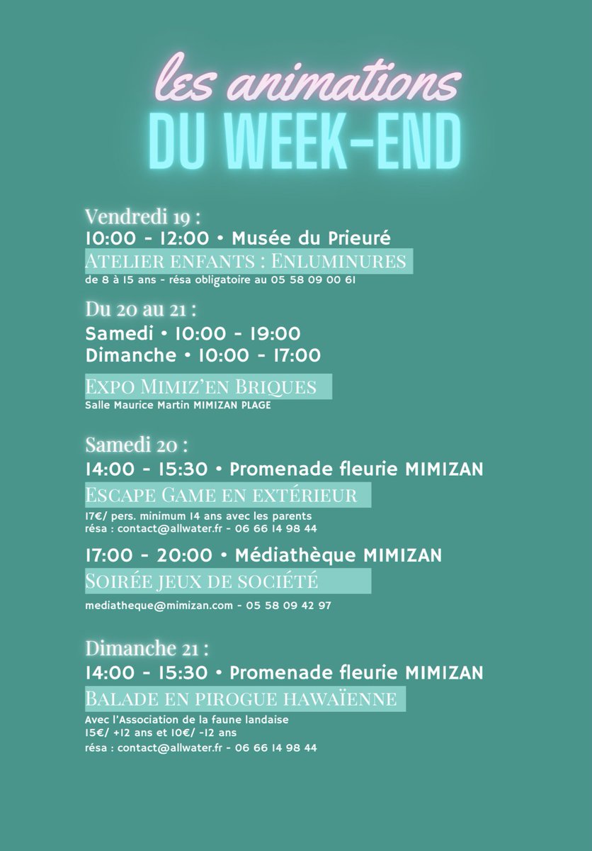 Retrouvez ici toutes les activités proposées ce week-end à Mimizan ! 🥳 À bientôt 🔜