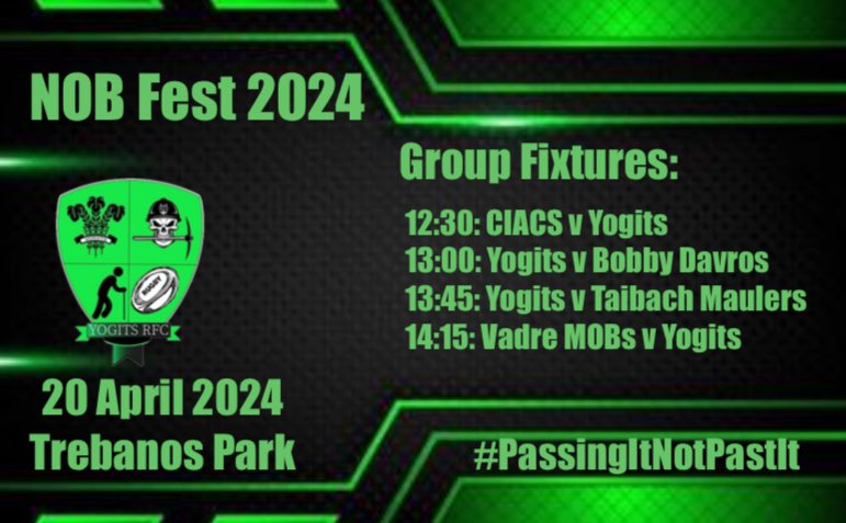 Squad & Fixture Announcement: Confirmation of your Yogits heading down the A4067 to Trebanos Park for #NOBfest2024, hosted by @BanosOldBoys We start at 12:30pm with a game against the @CIACBostons Looking forward to a great day of Vets Touch Rugby 🟢⚫️ #PassingItNotPastIt