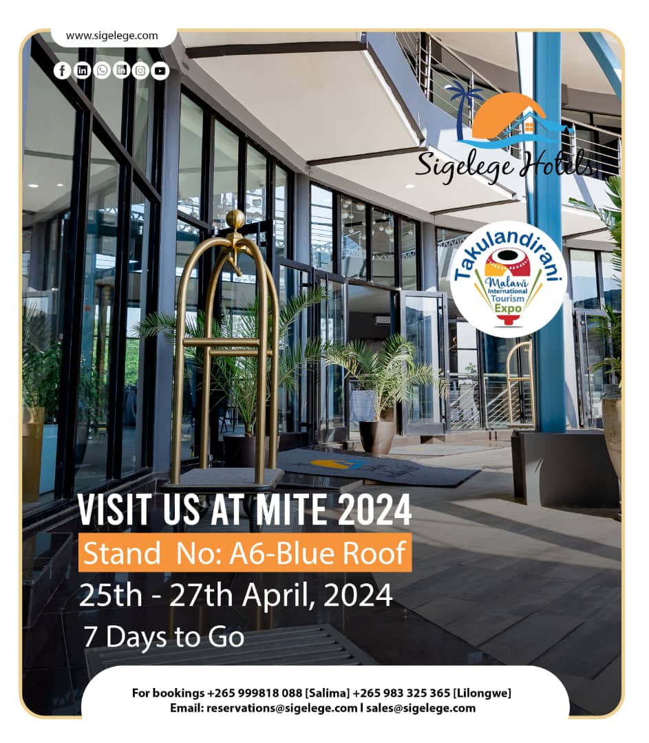 We are excited to announce that Sigelege Hotels is attending the Malawi International Tourism Expo 2024. Explore Malawi with Sigelege Hotels. Find us at - stand no. A6 Blueroof. #MITE2024 #anewstandardinhospitality #tourism #malawi #b2b #b2c