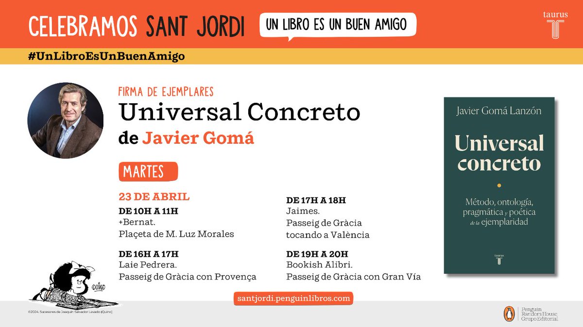 🌹 #SantJordi2024 ✍️ @JavierGomaL firma ejemplares de «Universal concreto» ⬇️ ⏰ 10-11h 👉 @libreriabernat ⏰ 16-17h 👉 Laie Pedrera (@laietana) ⏰ 17-18h 👉 @JaimesLlibreria ⏰ 19-20h 👉 Bookish Alibri (@LibreriaALIBRI) Más info 👉 santjordi.penguinlibros.com
